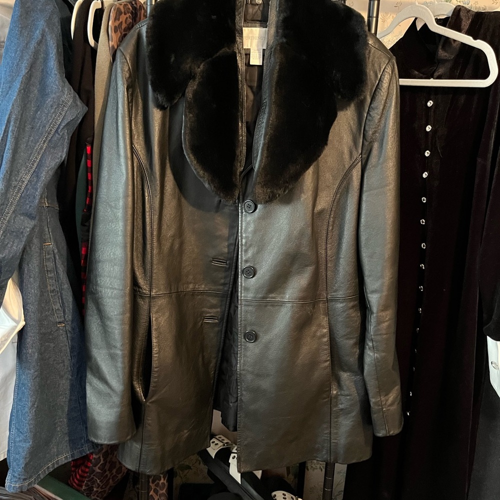 Worthington Black Leather Jacket with Faux Fur Collar